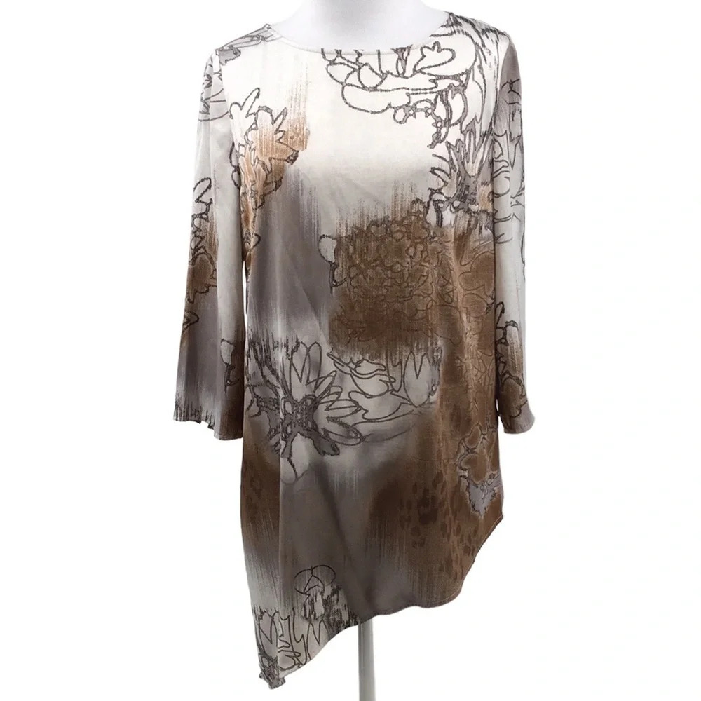 Travelers Chicos Silver Brown Floral Asymmetrical Hem Tunic Top Womens Small